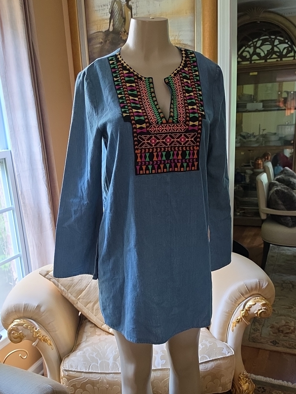 Blue Embroidered V-Neck Women's Tunic Top